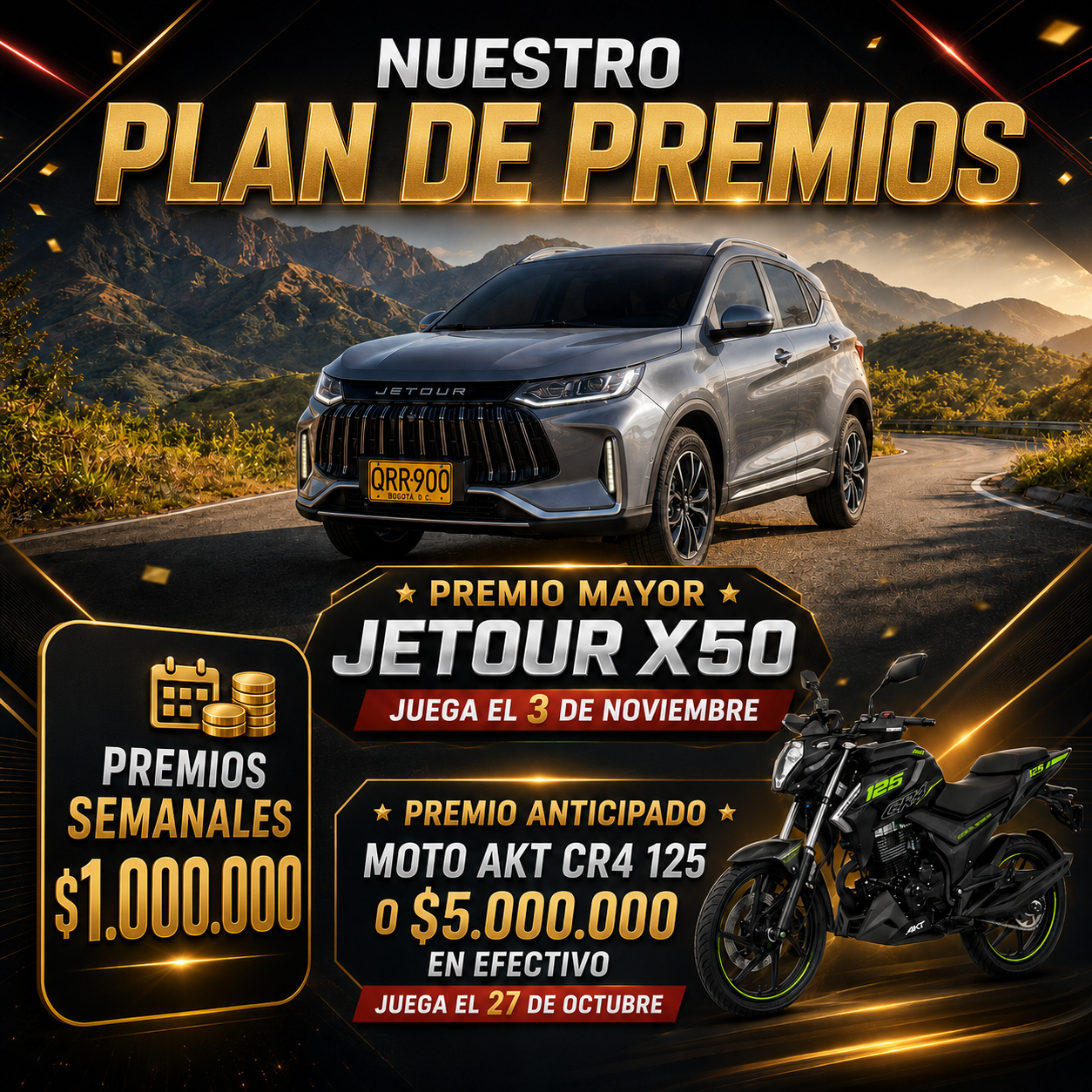 Plan de premios del sorteo Jetour X50: premio mayor, premio anticipado y premios semanales